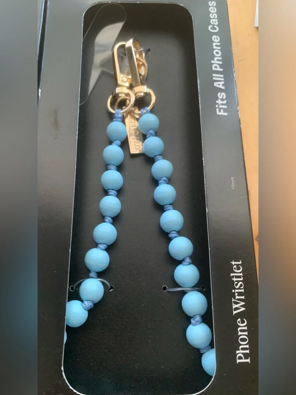 NIB Beaded Phone Wrist Strap in Light Blue with Gold Hardware